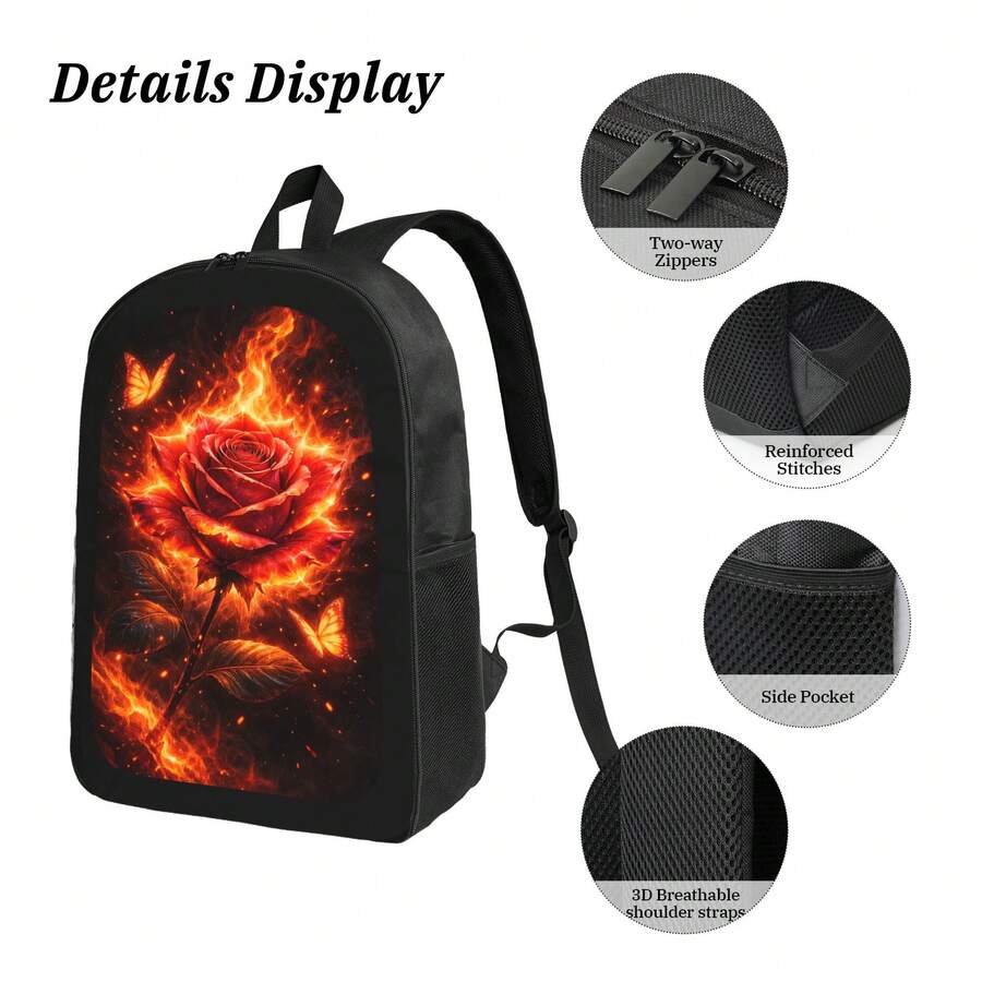 Embroidery Rose - Flame Rose Print Backpack Stylish Casual