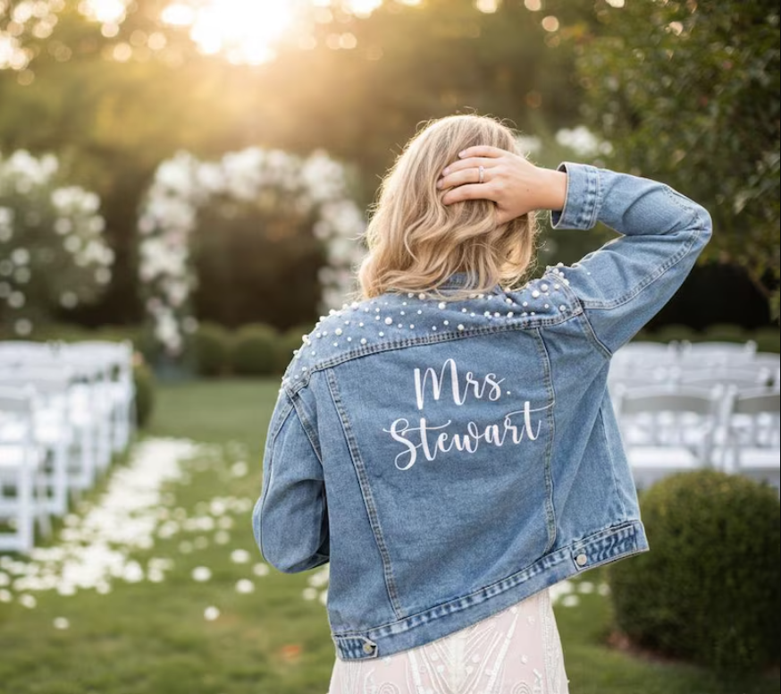 Embroidery Tshirt - Custom Embroidered Bride Denim Jacket, Bride