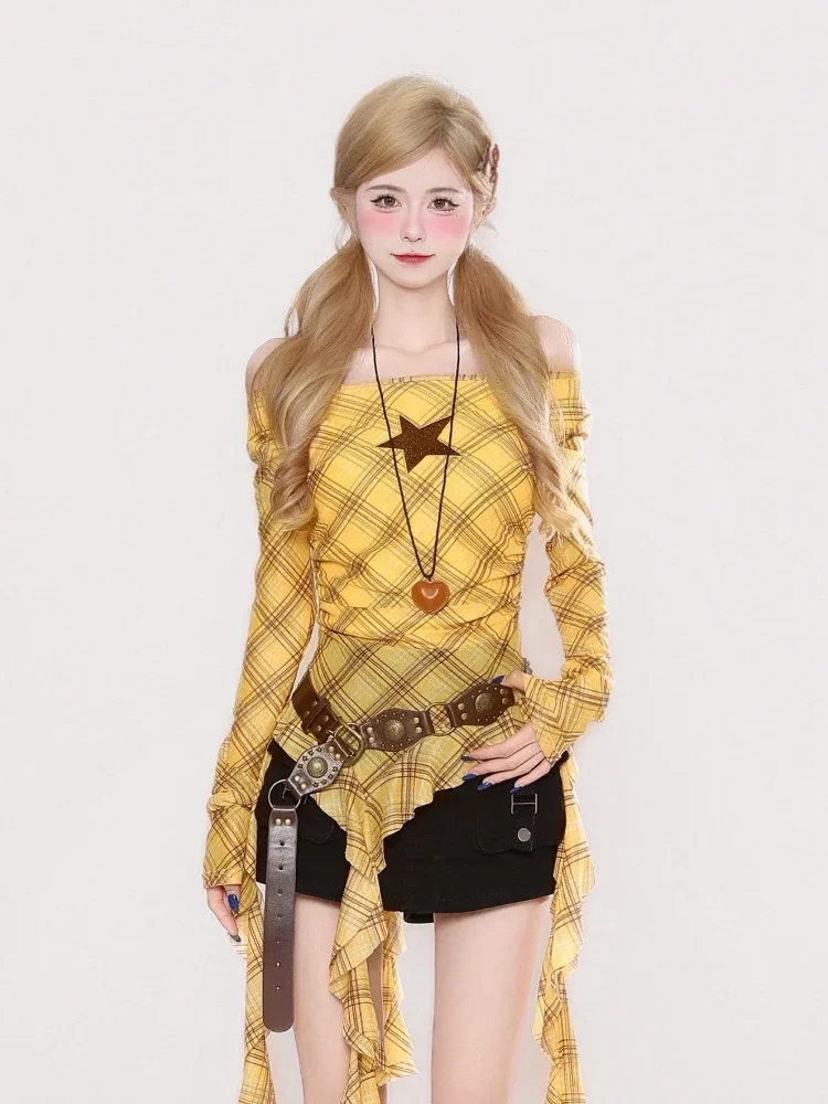 Y2K Plaid Slash Neck Vintage T – обзор и цена Embroidery Tshirt